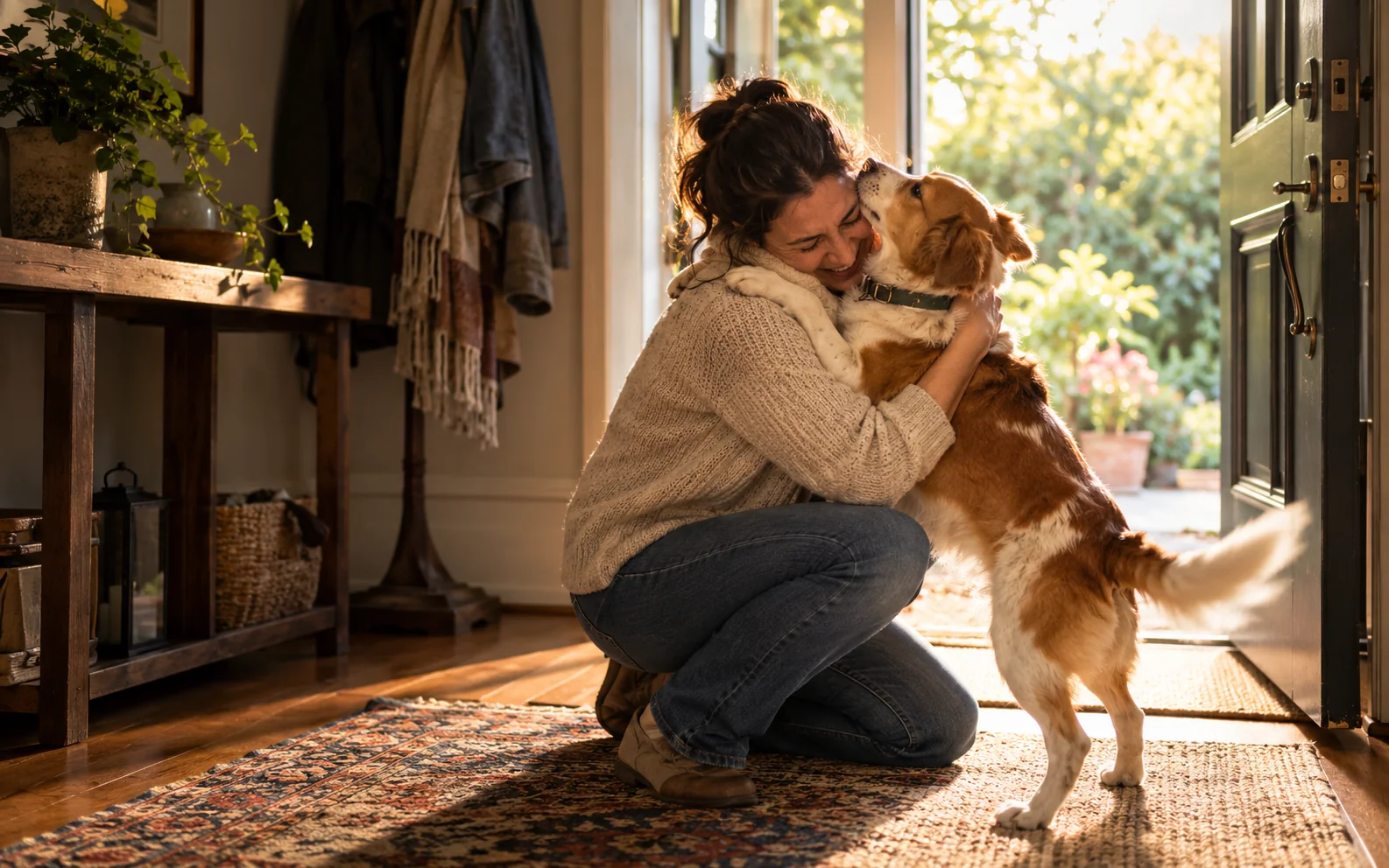 Persona abrazando a su perro al reencontrarse en la entrada de su casa