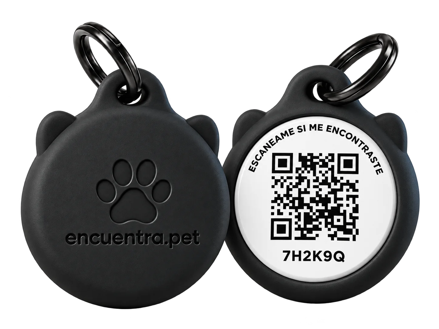 Concepto de chapita colgante encuentra.pet, vista de frente y reverso con código QR